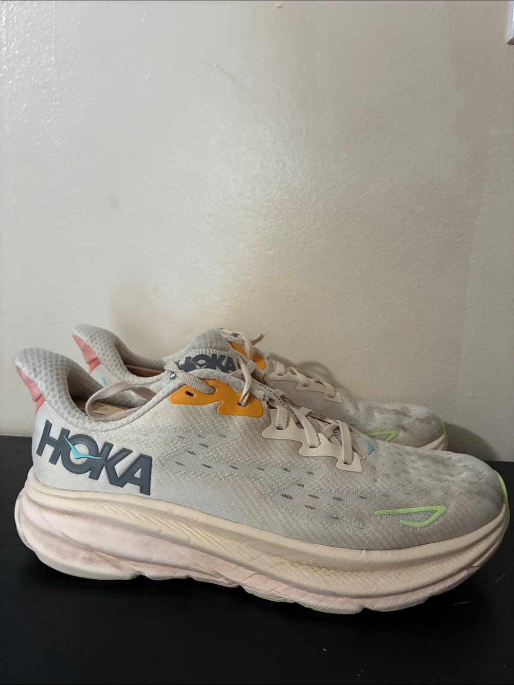 Hoka Clifton 9 running shoes in a white and pastel colorway size 9.5 very used
